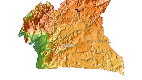Karte: Landkarte Kamerun (Staatsgrenzen und Hauptstadt): farbkodierte Topographie, schattiertes Relief