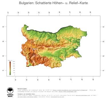 Karte: Landkarte Bulgarien (Staatsgrenzen und Hauptstadt): farbkodierte Topographie, schattiertes Relief