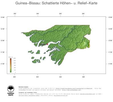 Karte: Landkarte Guinea Bissau (Staatsgrenzen und Hauptstadt): farbkodierte Topographie, schattiertes Relief