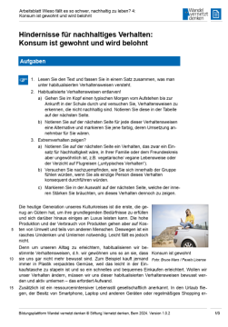 Arbeitsblatt: Modul 12 | Arbeitsblatt 4 "Hindernisse für nachhaltiges Verhalten: Konsum ist gewohnt und wird belohnt"