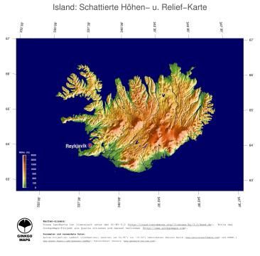 Karte: Landkarte Island (Staatsgrenzen und Hauptstadt): farbkodierte Topographie, schattiertes Relief