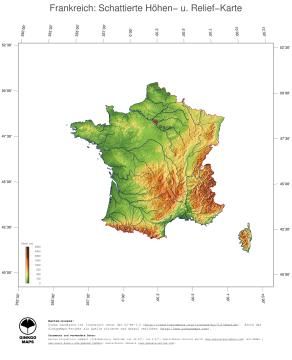 Karte: Landkarte Frankreich (Staatsgrenzen und Hauptstadt): farbkodierte Topographie, schattiertes Relief