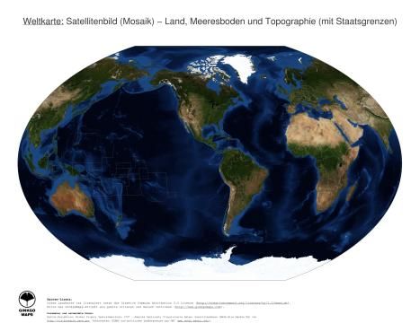 Karte: Weltkarte (Land, Meeresboden und Topographie (mit Staatsgrenzen))