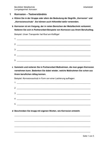 Arbeitsblatt: Korrosion - Textverständnis (Arbeitsblatt)