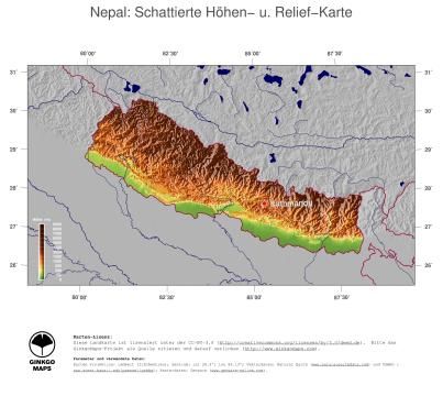 Karte: Landkarte Nepal (Staatsgrenzen und Hauptstadt): farbkodierte Topographie, schattiertes Relief