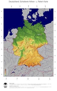 Karte: Landkarte Deutschland (Staatsgrenzen und Hauptstadt): farbkodierte Topographie, schattiertes Relief