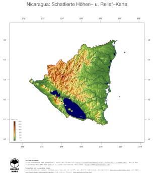 Karte: Landkarte Nicaragua (Staatsgrenzen und Hauptstadt): farbkodierte Topographie, schattiertes Relief