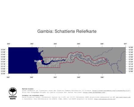 Karte: Landkarte Gambia (Staatsgrenzen und Hauptstadt): schattiertes Relief