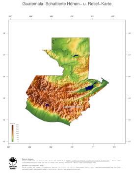 Karte: Landkarte Guatemala (Staatsgrenzen und Hauptstadt): farbkodierte Topographie, schattiertes Relief