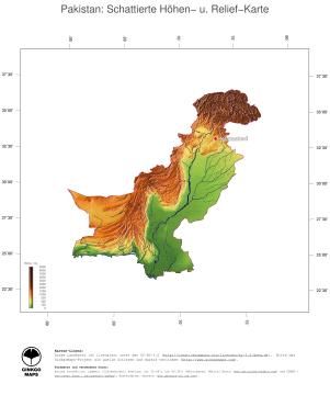 Karte: Landkarte Pakistan (Staatsgrenzen und Hauptstadt): farbkodierte Topographie, schattiertes Relief