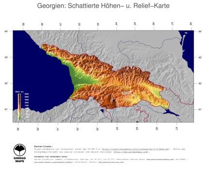 Karte: Landkarte Georgien (Staatsgrenzen und Hauptstadt): farbkodierte Topographie, schattiertes Relief