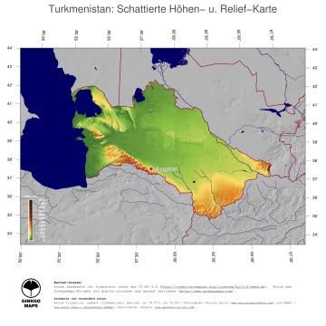Karte: Landkarte Turkmenistan (Staatsgrenzen und Hauptstadt): farbkodierte Topographie, schattiertes Relief