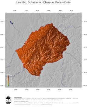 Karte: Landkarte Lesotho (Staatsgrenzen und Hauptstadt): farbkodierte Topographie, schattiertes Relief