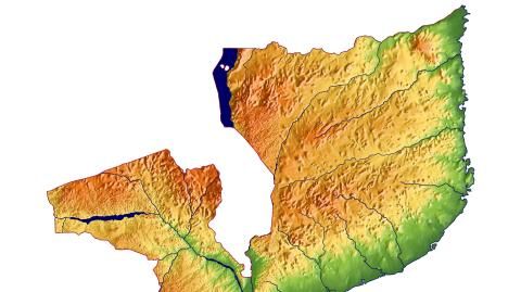 Karte: Landkarte Mosambik (Staatsgrenzen und Hauptstadt): farbkodierte Topographie, schattiertes Relief