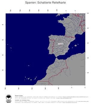 Karte: Landkarte Spanien (Staatsgrenzen und Hauptstadt): schattiertes Relief