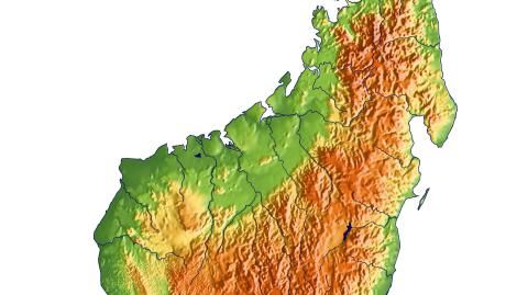 Karte: Landkarte Madagaskar (Staatsgrenzen und Hauptstadt): farbkodierte Topographie, schattiertes Relief