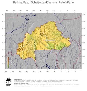 Karte: Landkarte Burkina Faso (Staatsgrenzen und Hauptstadt): farbkodierte Topographie, schattiertes Relief