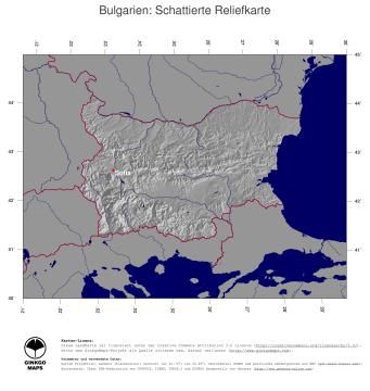 Karte: Landkarte Bulgarien (Staatsgrenzen und Hauptstadt): schattiertes Relief