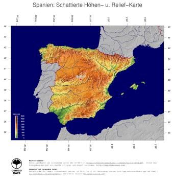 Karte: Landkarte Spanien (Staatsgrenzen und Hauptstadt): farbkodierte Topographie, schattiertes Relief