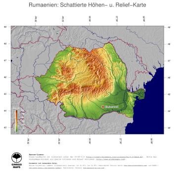 Karte: Landkarte Rumänien (Staatsgrenzen und Hauptstadt): farbkodierte Topographie, schattiertes Relief
