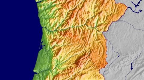 Karte: Landkarte Portugal (Staatsgrenzen und Hauptstadt): farbkodierte Topographie, schattiertes Relief