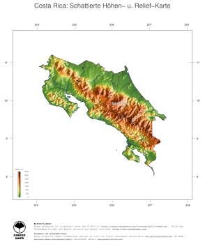 Karte: Landkarte Costa Rica (Staatsgrenzen und Hauptstadt): farbkodierte Topographie, schattiertes Relief