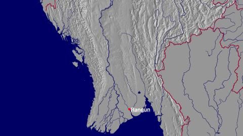 Karte: Landkarte Myanmar (Staatsgrenzen und Hauptstadt): schattiertes Relief