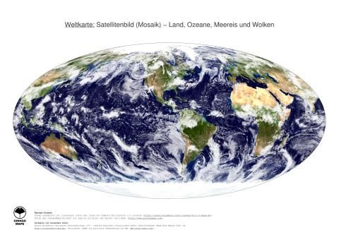Karte: Weltkarte (Land, Ozeane, Meereis und Wolken)