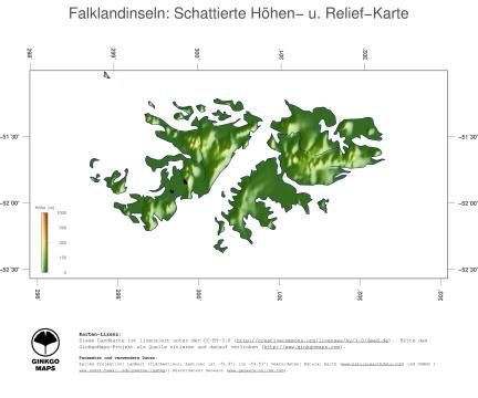 Karte: Landkarte Falklandinseln (Staatsgrenzen und Hauptstadt): farbkodierte Topographie, schattiertes Relief