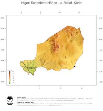 Karte: Landkarte Niger (Staatsgrenzen und Hauptstadt): farbkodierte Topographie, schattiertes Relief