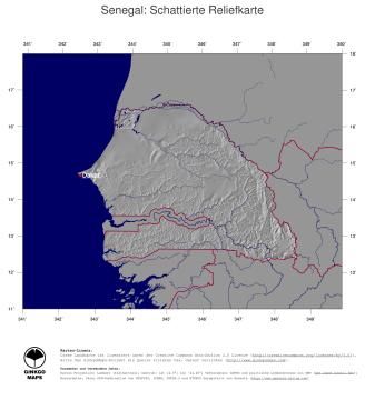 Karte: Landkarte Senegal (Staatsgrenzen und Hauptstadt): schattiertes Relief