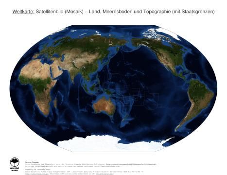 Karte: Weltkarte (Land, Meeresboden und Topographie (mit Staatsgrenzen))