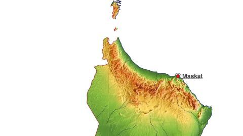 Karte: Landkarte Oman (Staatsgrenzen und Hauptstadt): farbkodierte Topographie, schattiertes Relief