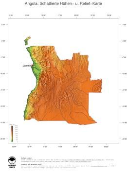 Karte: Landkarte Angola (Staatsgrenzen und Hauptstadt): farbkodierte Topographie, schattiertes Relief