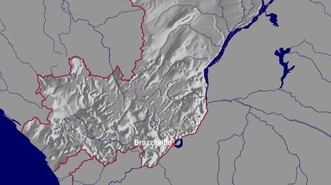 Karte: Landkarte Republik Kongo (Staatsgrenzen und Hauptstadt): schattiertes Relief