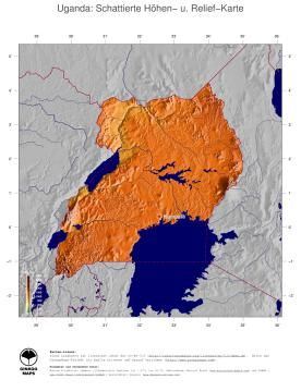 Karte: Landkarte Uganda (Staatsgrenzen und Hauptstadt): farbkodierte Topographie, schattiertes Relief