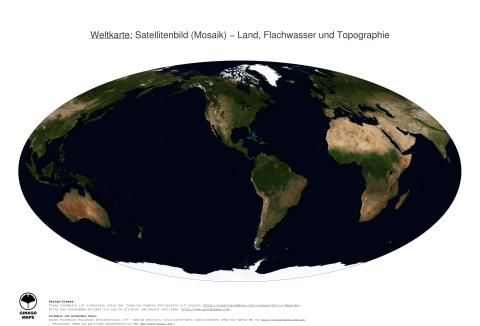 Karte: Weltkarte (Land, Flachwasser und Topographie)