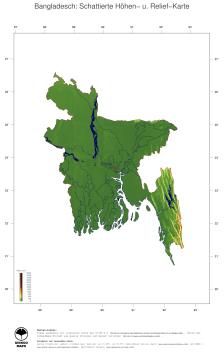 Karte: Landkarte Bangladesch (Staatsgrenzen und Hauptstadt): farbkodierte Topographie, schattiertes Relief