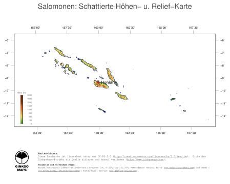 Karte: Landkarte Salomonen (Staatsgrenzen und Hauptstadt): farbkodierte Topographie, schattiertes Relief
