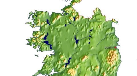 Karte: Landkarte Irland (Staatsgrenzen und Hauptstadt): farbkodierte Topographie, schattiertes Relief