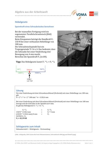 Arbeitsblatt: Hebelgesetz | Spannkraft eines Schraubstockes berechnen (DOCX)