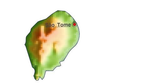 Karte: Landkarte Sao Tome und Principe (Staatsgrenzen und Hauptstadt): farbkodierte Topographie, schattiertes Relief