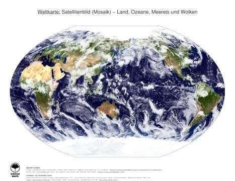 Karte: Weltkarte (Land, Ozeane, Meereis und Wolken)