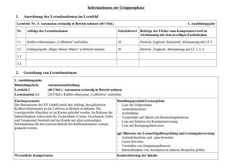 Unterrichtsplanung: Kaffeevollautomat aufstellen / Geldspielgerät in Betrieb nehmen