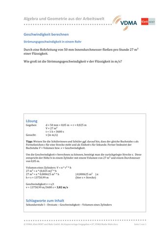 Arbeitsblatt: Geschwindigkeit berechnen | Strömungsgeschwindigkeit in einem Rohr | 1 (DOCX)