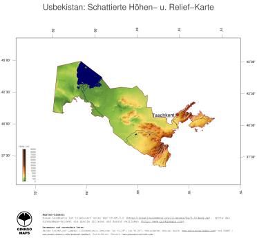 Karte: Landkarte Usbekistan (Staatsgrenzen und Hauptstadt): farbkodierte Topographie, schattiertes Relief