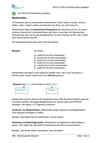 Arbeitsblatt: Zu streng oder zu locker? M 08: Strukturierungshilfe zur sprachlichen Gestaltung der FAQ mit Modalverben