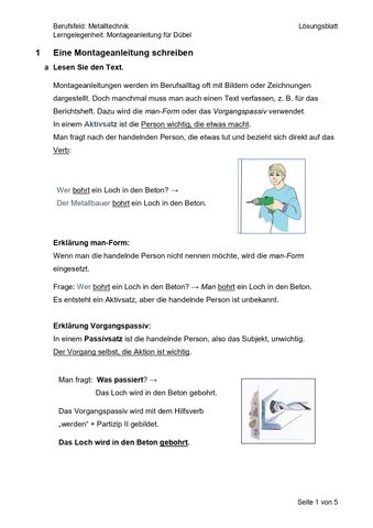 Arbeitsblatt: Montageanleitung für Dübel (Lösung)