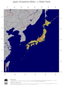 Karte: Landkarte Japan (Staatsgrenzen und Hauptstadt): farbkodierte Topographie, schattiertes Relief