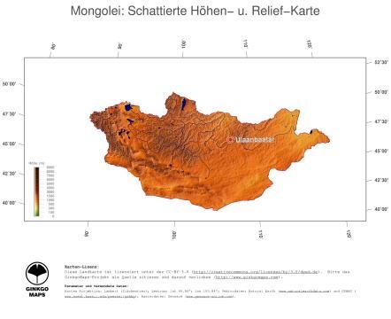 Karte: Landkarte Mongolei (Staatsgrenzen und Hauptstadt): farbkodierte Topographie, schattiertes Relief